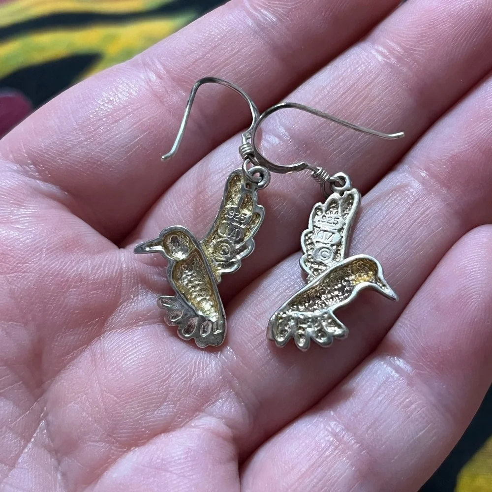 Vintage Cottagecore Hummingbird Sterling Silver 925 Dangle Pierced Earrings - Picture 5 of 6